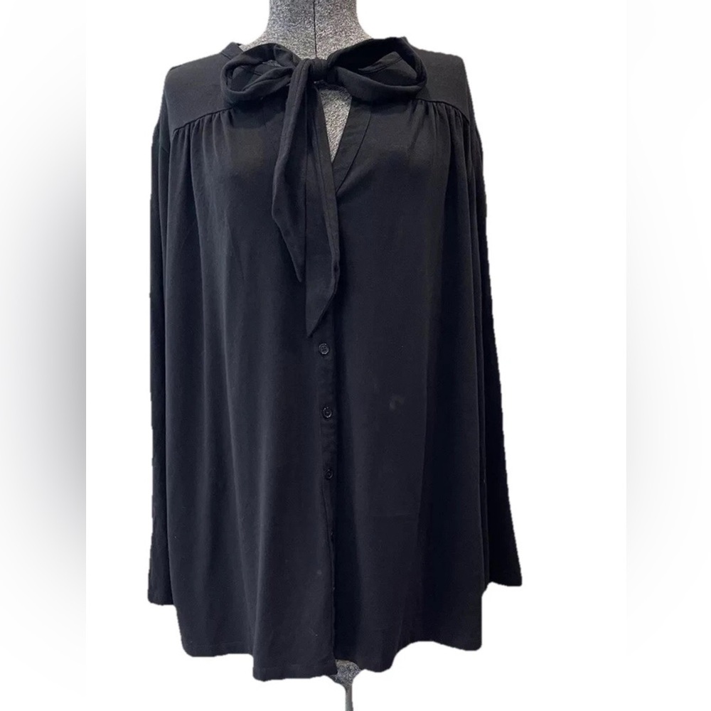 Denim&Co Black Tie-Neck Button Front Tunic